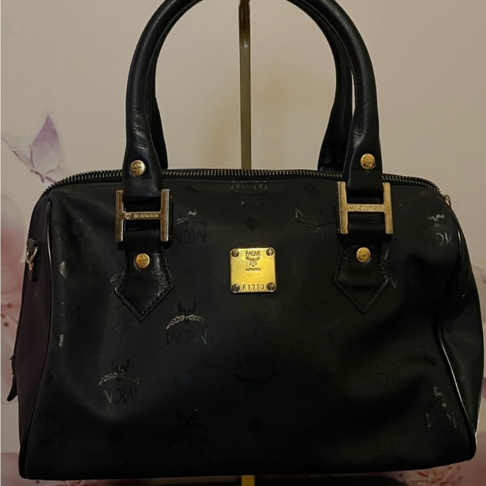 MCM Black Satchel with Structured Design and Monogram - Picture 13 of 15